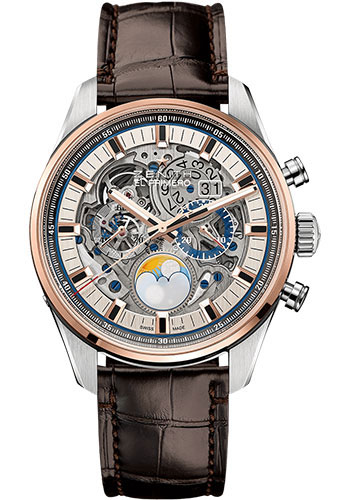 Zenith Chronomaster El Primero Grande Date Full Open Watch - Steel And Rose Gold - Sapphire Dial - Brown Alligator Strap