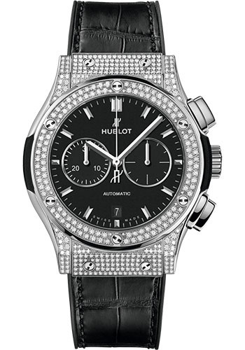 Hublot Classic Fusion Chronograph Titanium Pavé Watch - 42 mm - Black Dial - Black Rubber and Leather Strap