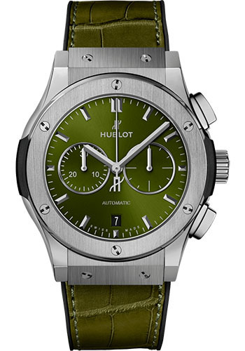 Hublot Classic Fusion Chronograph Titanium Green Watch - 42 mm - Green Dial - Black Rubber and Green Leather Strap