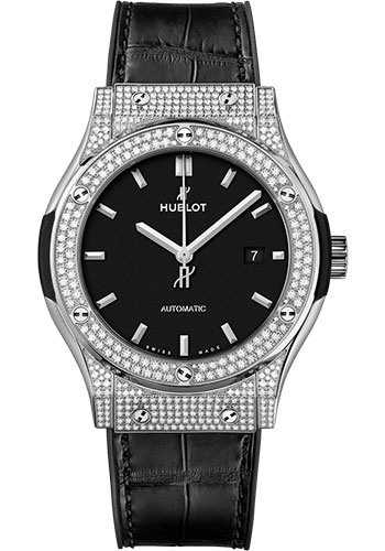 Hublot Classic Fusion Titanium Pavé Watch - 42 mm - Black Dial - Black Rubber and Leather Strap
