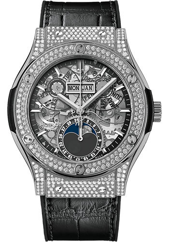 Hublot Classic Fusion Aerofusion Moonphase Titanium Pavé Watch - 42 mm - Sapphire Dial - Black Rubber and Leather Strap