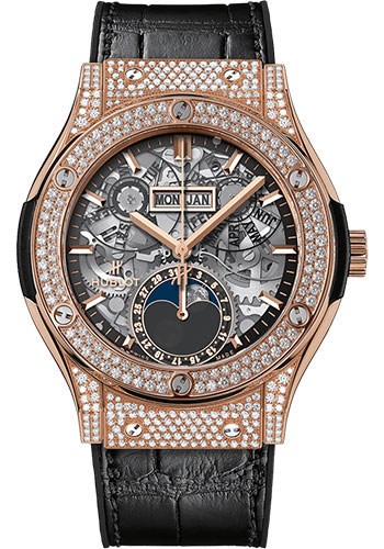 Hublot Classic Fusion Aerofusion Moonphase King Gold Pavé Watch - 42 mm - Sapphire Dial - Black Rubber and Leather Strap