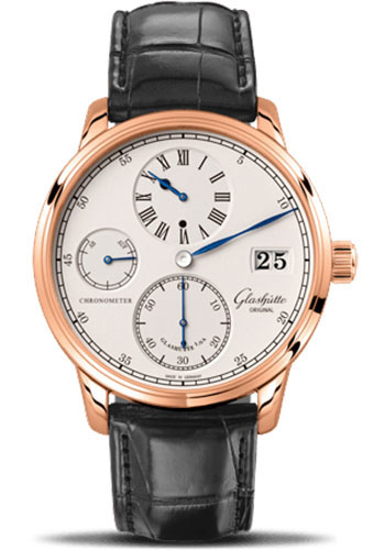 Glashütte Original Senator Chronometer Regulator - Red Gold Case - Silver Dial - Black Alligator Strap - Folding Buckle