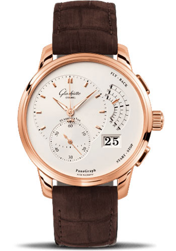 Glashütte Original PanoGraph - Red Gold Case - Silver Opalin Dial - Brown Louisiana Alligator Nubuk Leather Strap - Folding Buckle