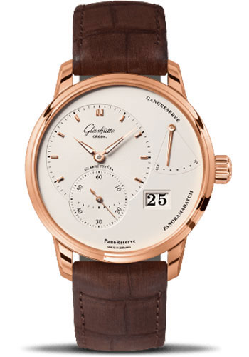 Glashütte Original PanoReserve - Red Gold Case - Silver Opalin Dial - Brown Louisiana Alligator Nubuk Leather Strap - Folding Buckle