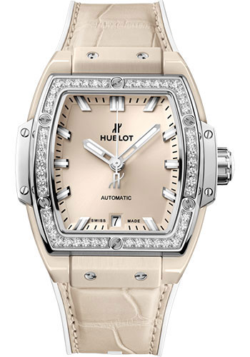 Hublot Spirit of Big Bang Beige Ceramic Titanium Diamonds Watch - 39 mm - Beige Dial - White Rubber and Beige Alligator Strap