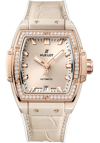 Hublot Spirit of Big Bang Beige Ceramic King Gold Diamonds Watch - 39 mm - Beige Dial - White Rubber and Beige Alligator Strap
