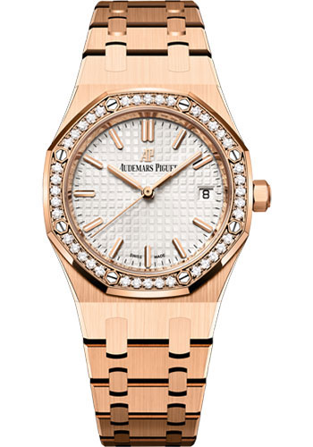 Audemars Piguet Royal Oak Self Winding Watch - 34mm Pink Gold Case - Diamond Bezel - Silver Dial - Bracelet