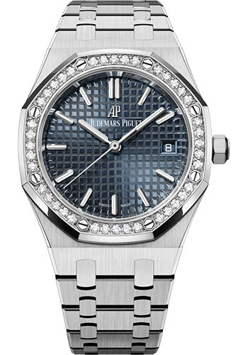 Audemars Piguet Royal Oak Self Winding Watch - 34mm Stainless Steel Case - Diamond Bezel - Blue-Grey Dial - Bracelet
