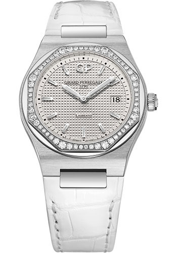 Girard-Perregaux Laureato 34 mm Watch - Steel Case - Diamond Bezel - Silver Dial - White Alligator Strap