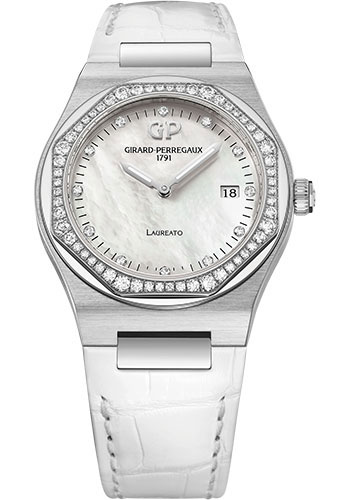 Girard-Perregaux Laureato 34 mm Watch - Steel Case - Diamond Bezel - Mother-Of-Pearl Dial - White Alligator Strap