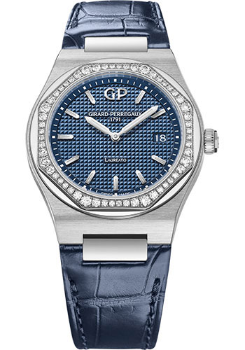 Girard-Perregaux Laureato 34 mm Watch - Steel Case - Diamond Bezel - Blue Dial - Blue Alligator Strap