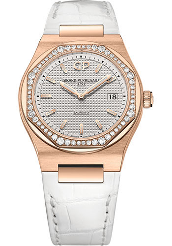 Girard-Perregaux Laureato 34 mm Watch - Pink Gold Case - Diamond Bezel - Silver Dial - White Alligator Strap