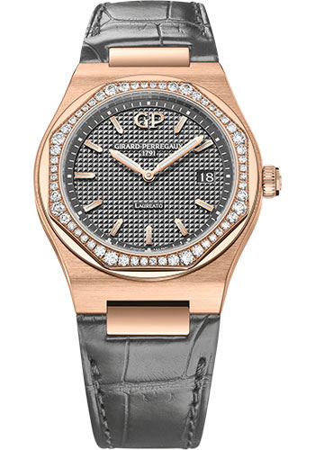 Girard-Perregaux Laureato 34 mm Watch - Pink Gold Case - Diamond Bezel - Slate-Grey Dial - Dark Grey Alligator Strap