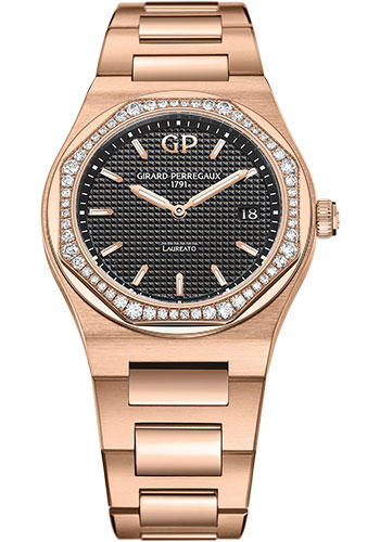 Girard-Perregaux Laureato 34 mm Watch - Pink Gold Case - Diamond Bezel - Black Dial - Bracelet