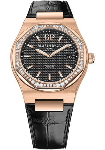 Girard-Perregaux Laureato 34 mm Watch - Pink Gold Case - Diamond Bezel - Black Dial - Black Alligator Strap