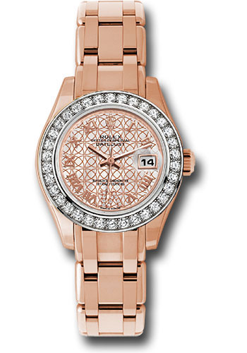 Rolex Everose Gold Lady-Datejust Pearlmaster 29 Watch - 34 Diamond Bezel - Mother-Of-Pearl And Pink Gold Lotus Flower Motif Roman Dial