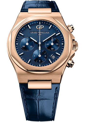 Girard-Perregaux Laureato Chronograph 38 mm Watch - Pink Gold Case - Blue Dial - Blue Alligator Strap
