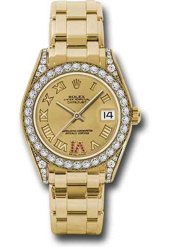Rolex Yellow Gold Datejust Pearlmaster 34 Watch - 34 Diamond Bezel - Champagne Ruby Roman Vi Roman Dial