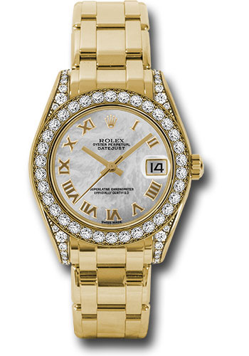 Rolex Yellow Gold Datejust Pearlmaster 34 Watch - 34 Diamond Bezel - White Mother-Of-Pearl Roman Dial