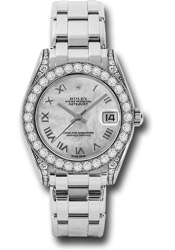 Rolex White Gold Datejust Pearlmaster 34 Watch - 34 Diamond Bezel - White Mother-Of-Pearl Roman Dial