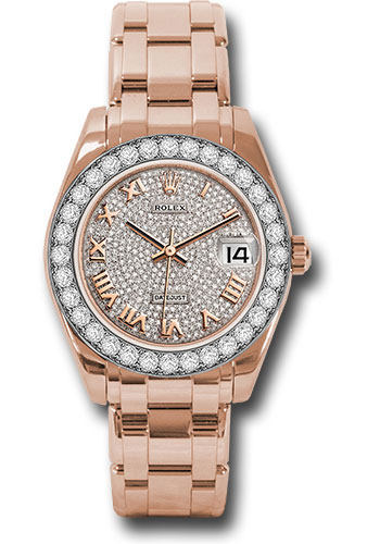 Rolex Everose Gold Datejust Pearlmaster 34 Watch - 32 Diamond Bezel - Diamond Paved Roman Dial