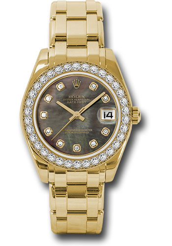 Rolex Yellow Gold Datejust Pearlmaster 34 Watch - 34 Diamond Bezel - Black Mother-Of-Pearl Diamond Dial