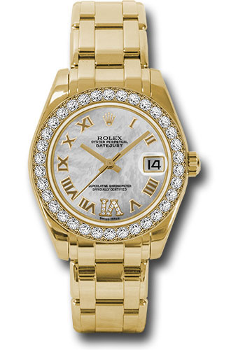 Rolex Yellow Gold Datejust Pearlmaster 34 Watch - 34 Diamond Bezel - White Mother-Of-Pearl Roman Dial