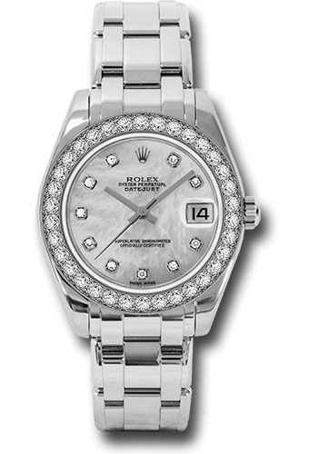 Rolex White Gold Datejust Pearlmaster 34 Watch - 34 Diamond Bezel - White Mother-Of-Pearl Diamond Dial