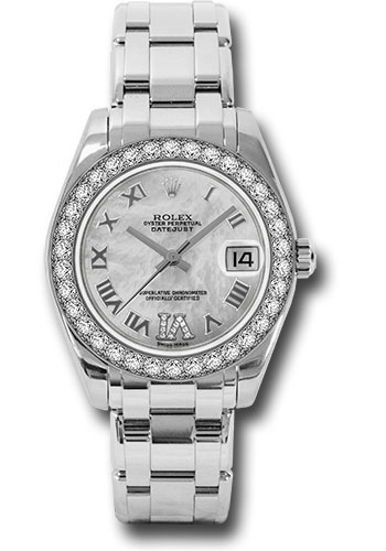 Rolex White Gold Datejust Pearlmaster 34 Watch - 34 Diamond Bezel - White Mother-Of-Pearl Roman Dial