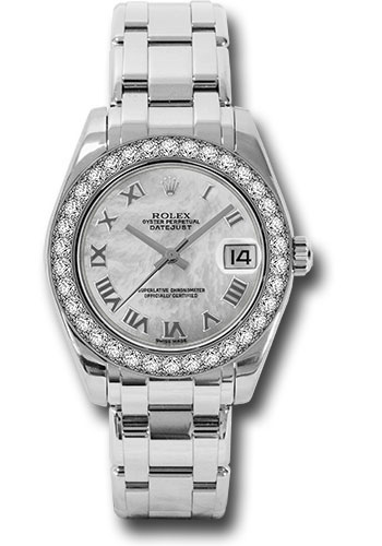 Rolex White Gold Datejust Pearlmaster 34 Watch - 34 Diamond Bezel - White Mother-Of-Pearl Roman Dial