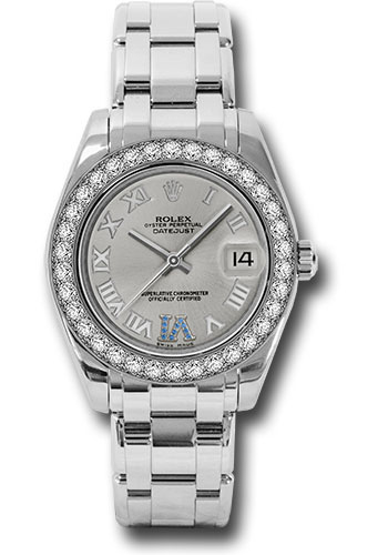 Rolex White Gold Datejust Pearlmaster 34 Watch - 34 Diamond Bezel - Silver Roman Dial