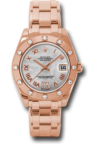 Rolex Everose Gold Datejust Pearlmaster 34 Watch - 12 Diamond Bezel - White Mother-Of-Pearl Roman Dial