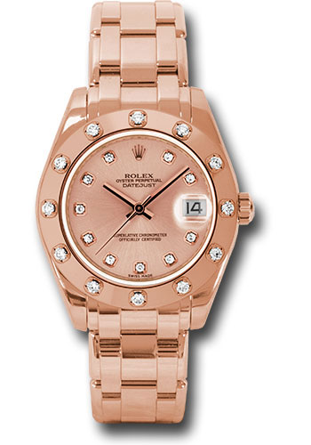 Rolex Pink Gold Datejust Pearlmaster 34 Watch - 12 Diamond Bezel - Pink Diamond Dial