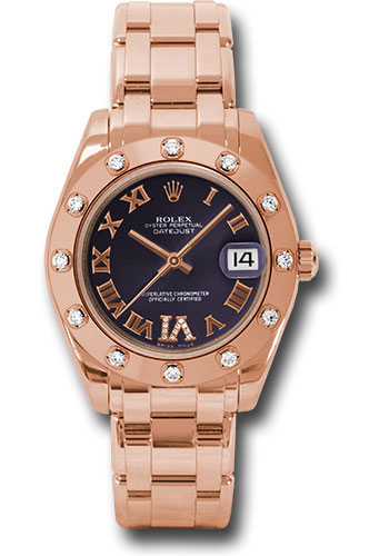 Rolex Pink Gold Datejust Pearlmaster 34 Watch - 12 Diamond Bezel - Purple Diamond Roman Vi  Roman Dial