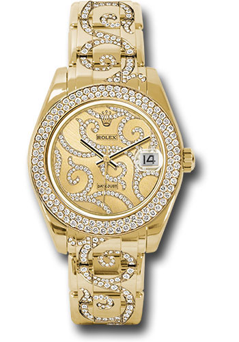 Rolex Yellow Gold Datejust Pearlmaster 34 Watch - 116 Diamond Bezel - Champagne Arabesque Diamond Dial