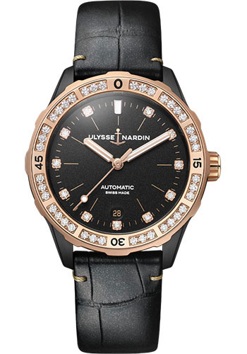 Ulysse Nardin Lady Diver 39 mm - Titanium And Rose Gold Case - Black Dial - Leather Strap