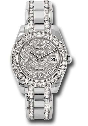 Rolex White Gold Oyster Perpetual Pearlmaster 39 Watch - Diamond Bezel - Diamond Paved Roman Dial - Diamond Bracelet