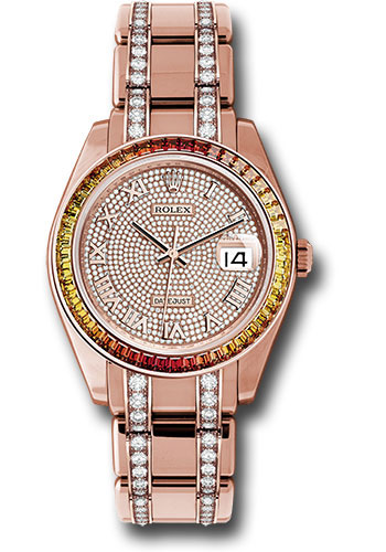 Rolex Everose Gold Datejust Pearlmaster 39 Watch - 48 Orange To Yellow Gradient Baguette-Cut Sapphires Bezel - 18K Everose Gold Diamond Paved Dial