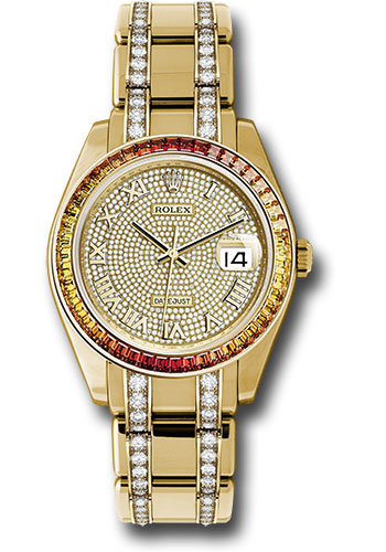 Rolex Yellow Gold Datejust Pearlmaster 39 Watch - 48 Orange To Yellow Gradient Baguette-Cut Sapphires Bezel - 18K Yellow Gold Diamond Paved Dial
