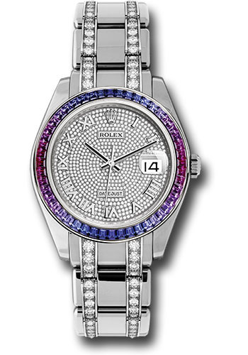 Rolex White Gold Datejust Pearlmaster 39 Watch - 48 Blue To Fuchsia Pink Gradient Baguette-Cut Sapphires Bezel - 18K White Gold Diamond Paved Dial