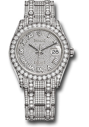 Rolex White Gold Oyster Perpetual Pearlmaster 39 Watch - Diamond Lugs - Diamond Bezel - Diamond Paved Roman Dial - Diamond Paved Bracelet