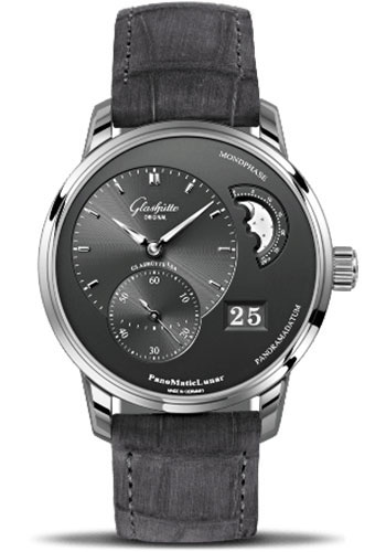 Glashütte Original PanoMaticLunar - Steel Case - Ruthenium Dial - Grey Louisiana Alligator Nubuk Leather Strap - Folding Buckle
