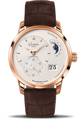 Glashütte Original PanoMaticLunar - Red Gold Case - Silver Opalin Dial - Brown Louisiana Alligator Nubuk Leather Strap - Folding Buckle
