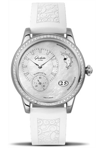 Glashütte Original PanoMatic Luna - Steel Case - Diamond Bezel - Mother-Of-Pearl Light Grey Dial - White And Beige Rubber With Embossing Strap - Pin Buckle