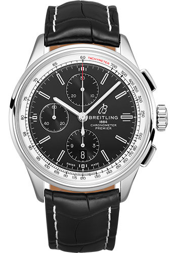 Breitling Premier Chronograph Watch - 42mm Steel Case - Black Dial - Black Croco Strap