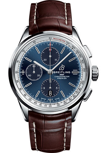 Breitling Premier Chronograph Watch - 42mm Steel Case - Blue Dial - Brown Croco Strap