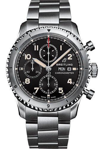 Breitling Aviator 8 Chronograph 43 Watch - Stainless Steel - Black Dial - Metal Bracelet