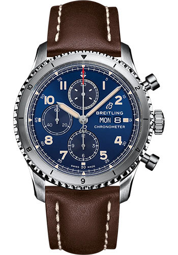 Breitling Aviator 8 Chronograph 43 Watch - Stainless Steel - Blue Dial - Brown Calfskin Leather Strap - Tang Buckle