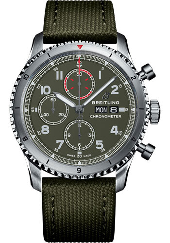 Breitling Aviator 8 Chronograph 43 Curtiss Warhawk Watch - Steel - Green Dial - Khaki Green Military Strap - Folding Buckle